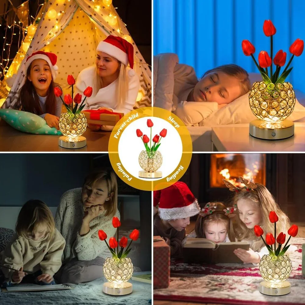 Crystal Red Tulip Flower Rechargeable Cordless Touch Light Lamp Home Decor